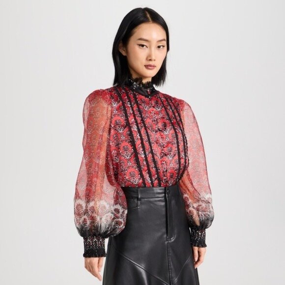 Alice + Olivia Bettina Blouson Sheer Sleeve Blouse Allure Medallion XS - Picture 7 of 17